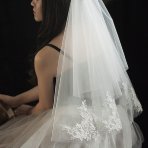 原创《愫薇》蕾丝头纱 结婚旅拍简约韩式遮面中长短款双层新娘款