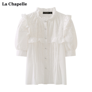 拉夏贝尔/La Chapelle蕾丝花边排扣短袖衬衫女白色法式甜美小衫夏