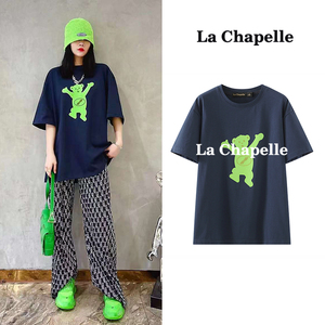 拉夏贝尔/La Chapelle夏季短袖t恤女小熊印花街头宽松设计感上衣