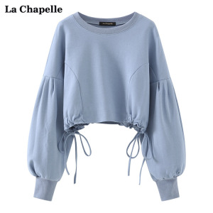 拉夏贝尔/La Chapelle春季新款抽绳收腰灯笼袖卫衣女圆领长袖外套