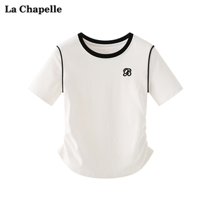拉夏贝尔/La Chapelle夏新款撞色胸口刺绣圆领短袖t恤上衣体恤女