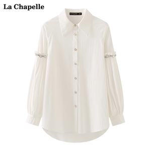拉夏贝尔/La Chapelle春季新款水钻长袖白衬衫上衣女宽松复古衬衣