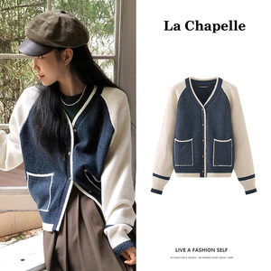 拉夏贝尔/La Chapelle设计感V领拼色插肩袖针织开衫女宽松毛衣春