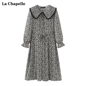 拉夏贝尔/La Chapelle春季新款系带收腰娃娃领碎花长袖衬衫连衣裙