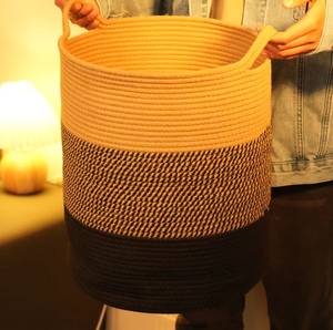 棉绳脏衣篓日式家用圆形编织收纳筐大号衣服储物篮客厅花盆装饰篮