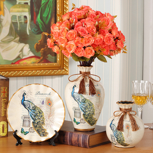 美式复古陶瓷摆件花瓶盘子欧式客厅玄关酒柜现代创意家三件套