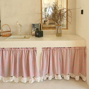 美式窗帘半帘粉色格子樱桃棉布公主遮挡柜子杂物帘免打孔粘贴定制