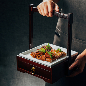 创意中餐复古竹木餐具中式特色抽屉点心糕点盒餐厅意境菜摆盘盘子