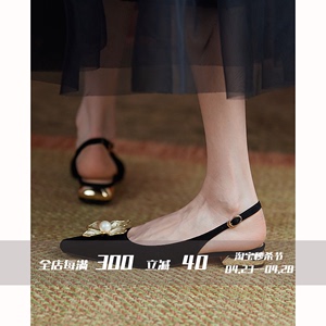 FairyWink ～方头浅口金属花朵复古包头凉鞋2023年女新款低跟单鞋