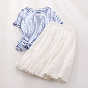 女童套装夏季新款纯棉套裙儿童条纹短袖白色半裙两件套洋气中大童