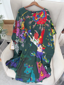 大码女装女士夏季真丝素绉缎圆领蝙蝠式宽松连衣裙桑蚕丝丝绸睡袍