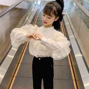 女童白衬衫中大童时尚韩版洋气蕾丝上衣小女孩打底衫甜美春装衬衣