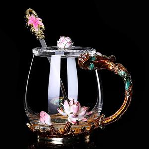 茗茶珐琅彩水杯家用水晶玻璃杯子咖啡杯花茶杯女士创意杯子带把盖