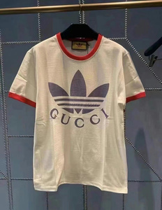 Gucci/古驰 联名阿迪 三叶草 徽标logo 米白色深蓝色黑色 短袖T恤