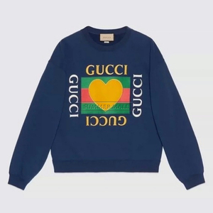 Gucci/古驰 藏青色 刺绣爱心 红蓝条纹 平纹针织连帽/圆领卫衣