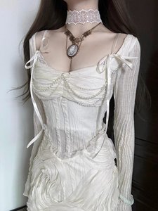 法式浪漫白色肌理感长袖连衣裙女小众气质修身显瘦拼接大方领长裙