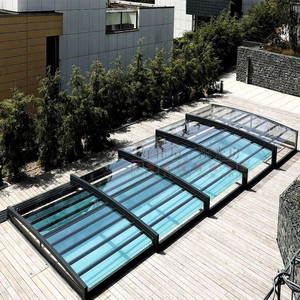 别墅泳池可移动伸缩阳光房顶棚预防违建露台楼顶折叠下沉玻璃屋顶