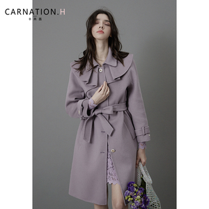 卡芮茜荷叶边领设计感小众时尚淑女紫色双面呢子大衣女冬季外套仙