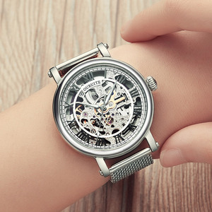欧瑞特正品全自动机械表女士手表镂空精钢防水手表真皮带女款手表