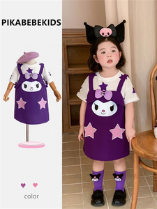 ins夏款女童宝宝紫色库洛米星星背带假两件连衣裙可爱卡通娃娃裙