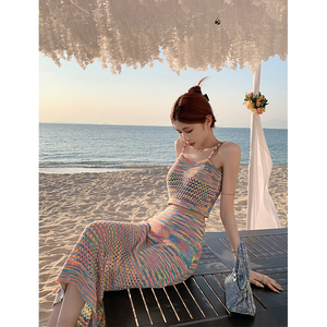 Sandro Xaime彩虹针织套装裙女2024夏季设计感海边度假条纹沙滩裙