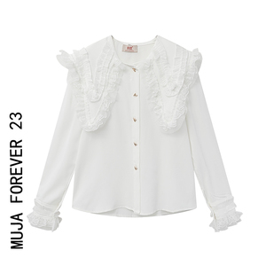 MUJA 法式蕾丝双层海军领白色衬衫女春公主风长袖衬衣上衣2023