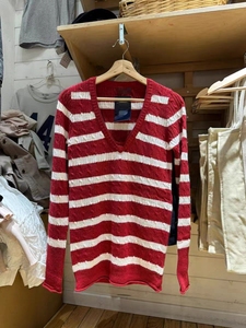 Brandy BM新款V领红白条纹毛衣外套上衣bm麻花套头宽松针织衫女