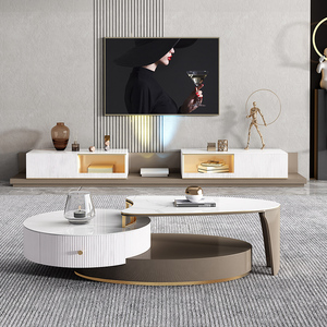 意式极简现代轻奢岩板茶几椭圆组合高级感客厅异形设计师电视柜