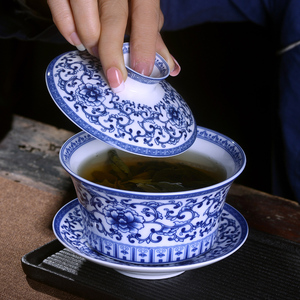 景德镇青花瓷茶盖碗三才杯泡茶敬茶碗高温陶瓷大号茶碗功夫茶盖杯