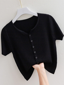 高级感黑色冰丝短袖V领上衣t恤女夏季薄款修身显瘦百搭针织小开衫