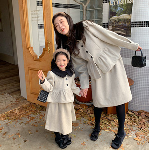 秋冬母女装毛呢套装韩国亲子装女童彼得潘领呢子两件套韩版洋气潮