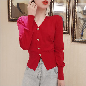 早春红色针织开衫女灯笼袖薄款外套洋气新款v领外穿轻熟修身上衣