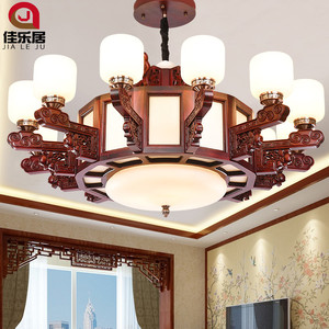 新中式木艺吊灯古典大气客厅实木玻璃灯具中国风仿古卧室餐厅吊灯
