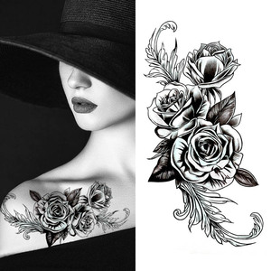 手绘唯美黑白大图玫瑰花拍照遮疤痕防水持久女逼真纹身贴