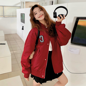 嘻哈风红色短款棒球服外套女2024春秋新款美式时髦设计感休闲夹克