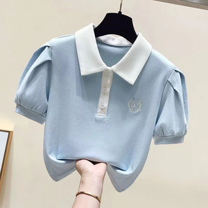 女童polo领短袖T恤2024新款夏季小衫中大童泡泡袖设计感小众上衣