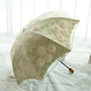 特价现货出口韩国黑胶蕾丝花朵二折晴雨伞刺绣防紫外线防晒太阳伞