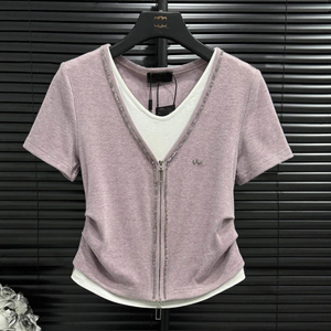 紫色钉珠假两件短袖T恤女2024春夏季欧洲站时尚减龄小香风针织衫