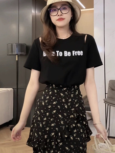 韩版字母印花短袖T恤不规则开叉碎花拼接连衣裙女夏假两件中长裙