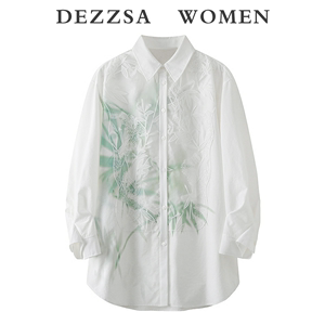 DEZZSA 2024春装新款倪妮同款国风新中式蕾丝竹子印花衬衫上衣女