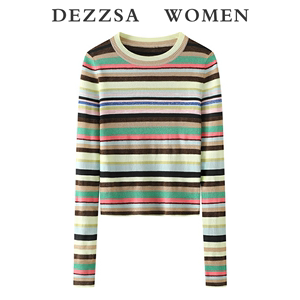DEZZSA 2024春装新款时尚百搭彩色条纹修身显瘦针织衫打底衫女