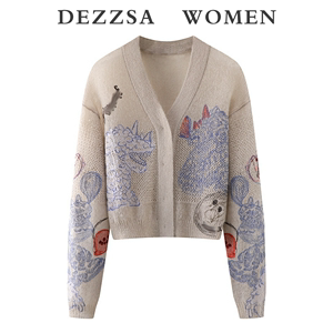 DEZZSA 2024春装新款设计感趣味立体刺绣图案v领短款针织衫开衫女