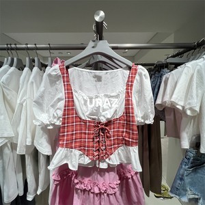 SH&UR2023夏季新款甜系少女感格子假两件紧身罩衫衬衫女
