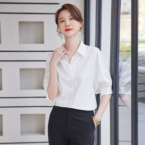 柒雁白衬衫女新款韩版设计感时尚职业上衣通勤正装百搭五分袖衬衣