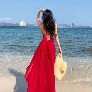 GP Jackie 度假连衣裙红色露背燕尾沙滩裙海边拍照衣服挂脖吊带裙