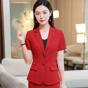 红色小西装外套女2024新款夏季薄款短袖小个子职业西服套装工作服