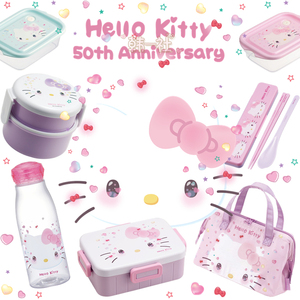 日本三丽鸥HelloKitty50周年饭盒包便当盒可微波炉加热勺筷子水壶