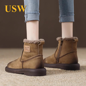USW牛皮雪地靴女2024春季新款欧美风中筒棕色棉鞋马丁靴女士短靴