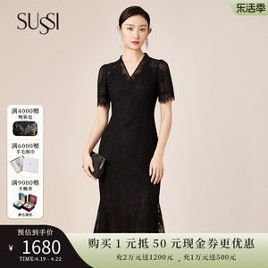 SUSSI/古色24夏商场同款黑色蕾丝短袖中长款鱼尾连衣裙礼服裙女