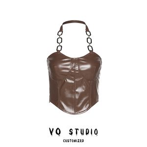 VO studio 美式个性设计感金属挂脖露背修身PU皮内搭小背心吊带女